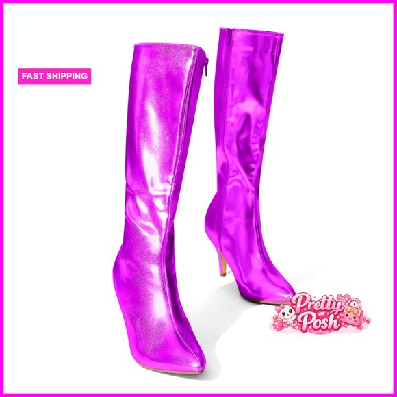 Pointed Toe Stiletto Heels Metallic Knee High Boots Faux Leather